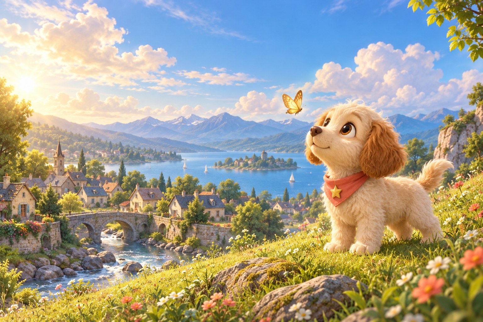 Charlie the cream puppy, wearing a coral bandana, discovers his lakeside town