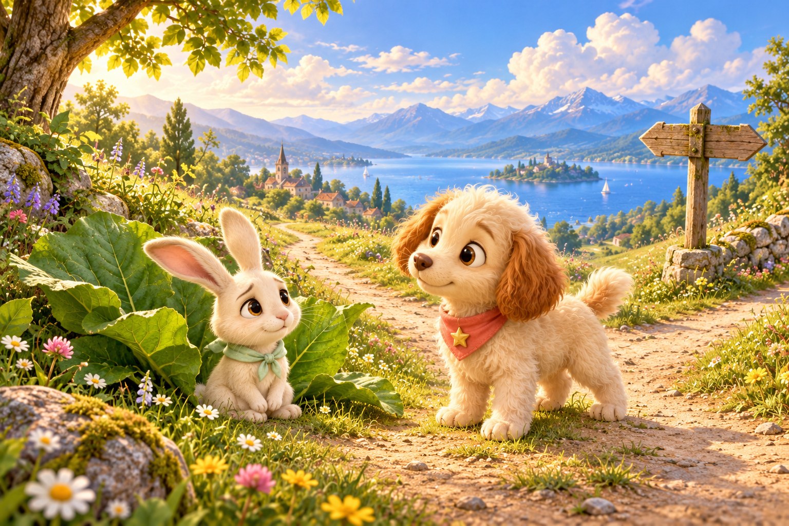 Charlie meets Pip, a timid rabbit, on a sunlit meadow path