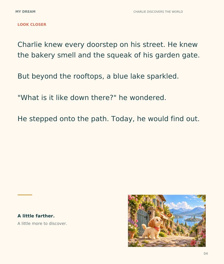 Sample story text page about Charlie leaving his garden gate