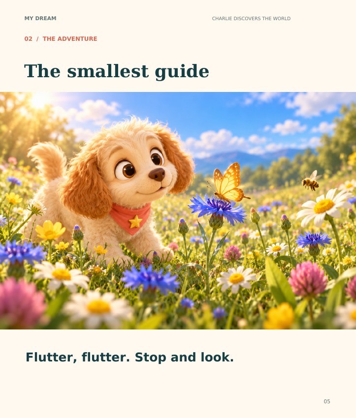 Sample illustrated page of Charlie and a golden butterfly